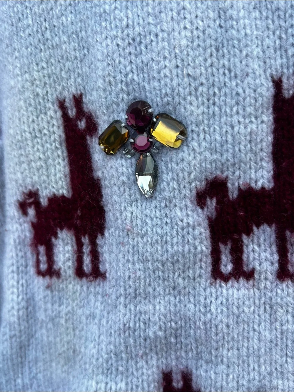 J. Crew Light Gray Wool Sweater with Burgundy Llama Motif and Jewel Accents